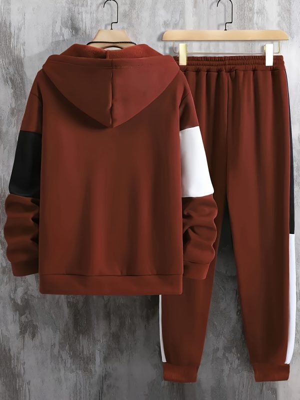 men's clothing, two piece contrasting long sleeved zipper hooded jacket and drawstring pants, suitable for outdoor wear