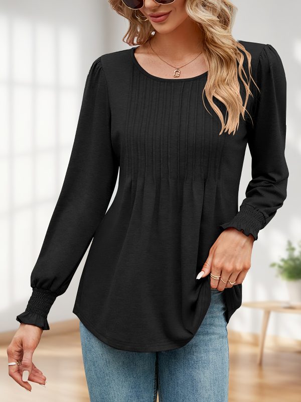 women's autumn puff long sleeve tunic tops pleated crew neck shirts blouses casual loose t shirts
