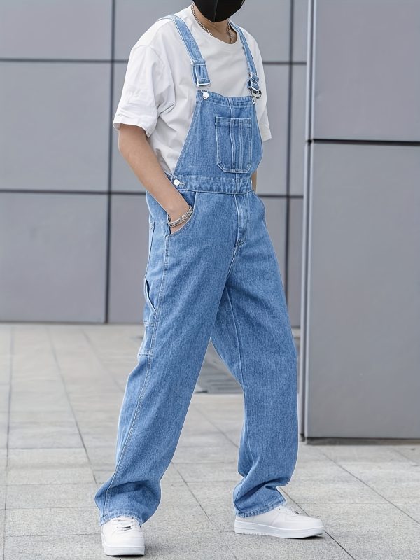 men's casual light blue denim overalls loose fit, adjustable straps, pockets, machine washable, all season comfort, relaxed outfit | classic overalls | washed texture
