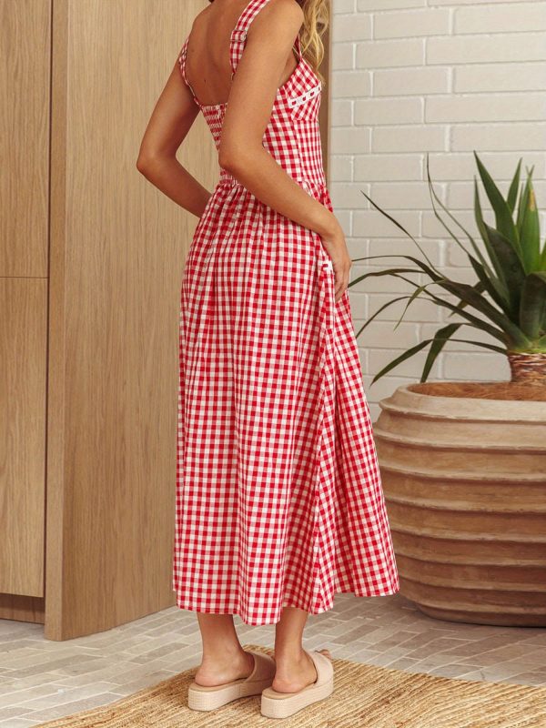 women's summer long cami dress sleeveless open back plaid beach dress with 2 pockets