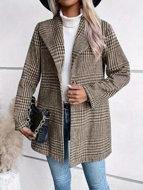 women's slim fit plaid coat casual long sleeve button up with lapel collar, brown & white checkered pattern, perfect for fallu002fwinter, stylish outerwear | checkered pattern coat | buttonup coat