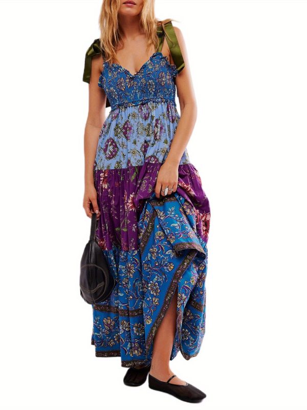 women cami dress floral print tie up shoulder straps sleeveless dress long dress summer big swing a line dress