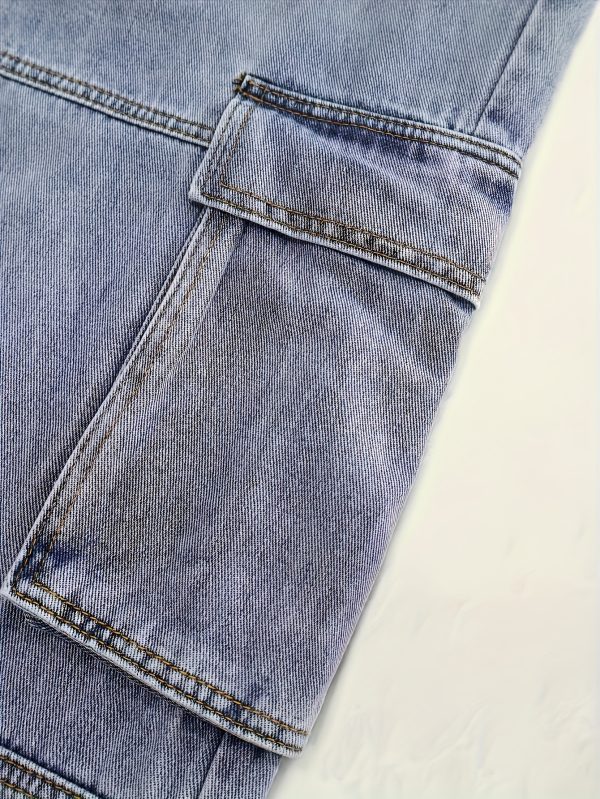 men's washed denim pants with multiple pockets, solid color washed denim street style workwear pants