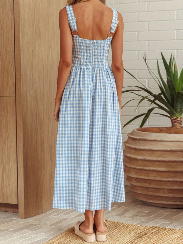women's summer long cami dress sleeveless open back plaid beach dress with 2 pockets