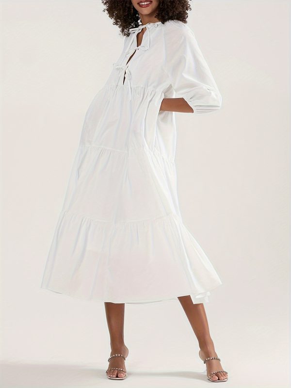 elegant tie front a line midi dress for women long sleeve, round neck, flowy polyester perfect for springu002fsummer