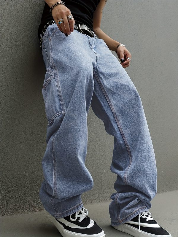 men's vintage carpenter jeans y2k streetwear loose fit wide leg cargo denim with geometric pattern, mid rise, machine washable & super long length for all season casual wear, urban fashion, retro style, classic wash, urban style
