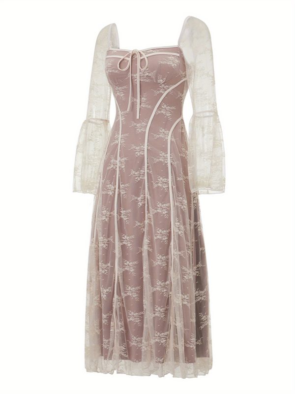 elegant women's lace dress with long sleeves, square neck, and floral tie up design semi transparent polyester swing dress for fall and summer occasions