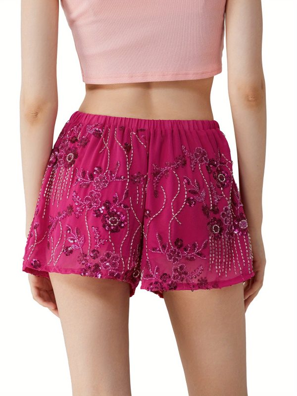 women's red sequin mini shorts with beaded floral design, elastic waist loose fit casual summer streetwear shorts machine washable, nontransparent fabric, vacation outfit, comfortable material, women