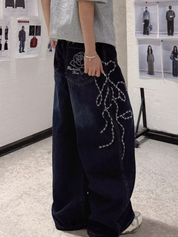 american retro design, thorny rose embroidered jeans for couples, high waisted hip hop floor length curved knife pants for both men and women