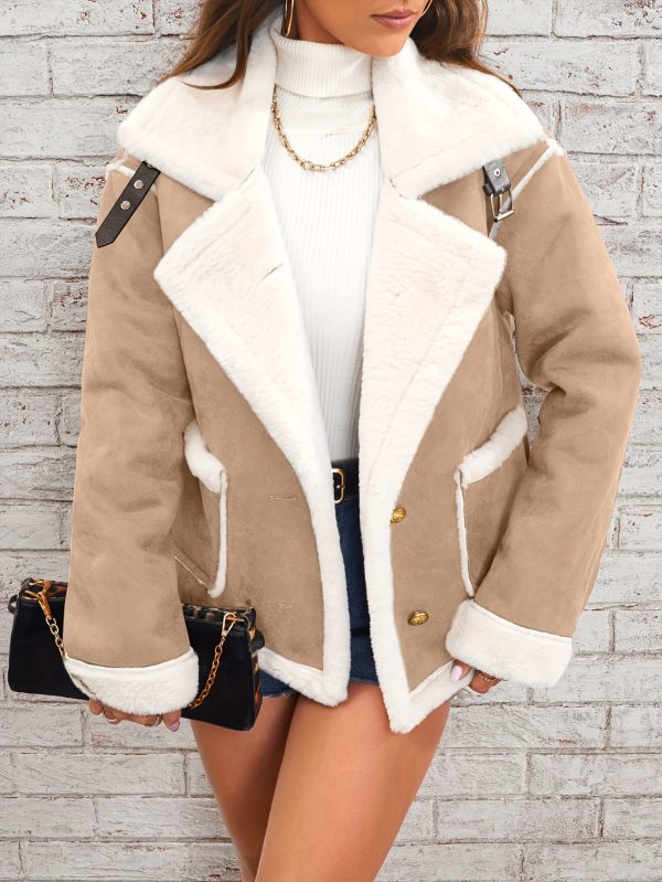 elegant lapel plush jacket winter warm casual coat with soft plush lining, solid color design, front pockets & machine washable for women