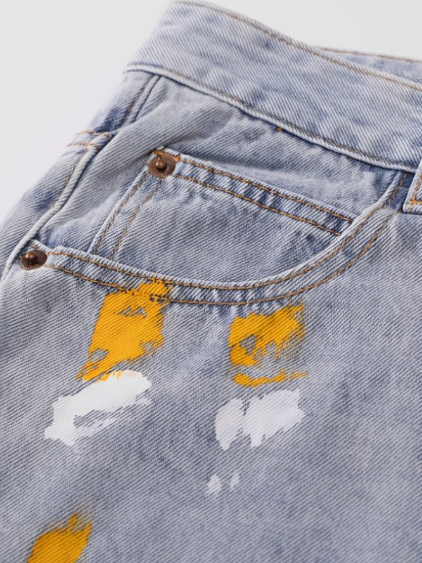 men's street style loose fit denim jeans with abstract splatter design light wash gray, mid length, comfortable & stylish for casual attire, streetwear fashion, nonstretch fabric