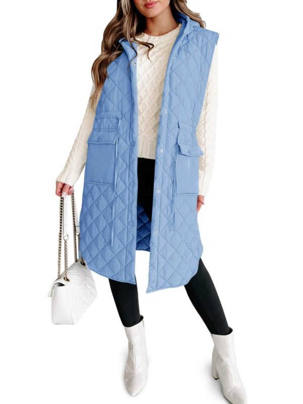 women's quilted hooded puffer vest warm sleeveless winter jacket with pockets, polyester, machine washable, coats, long