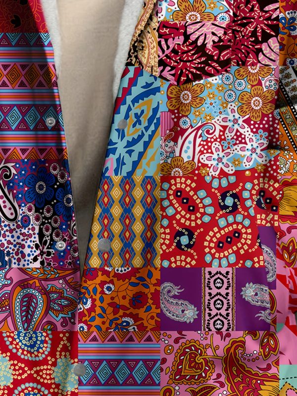 women's retro ethnic geometric print fleece lined coat casual winter warm long sleeve jacket with zipper closure, machine washable, vibrant colors for autumn & winter, ladies winter coats, cold weather apparel, fuzzy texture, durable comfort