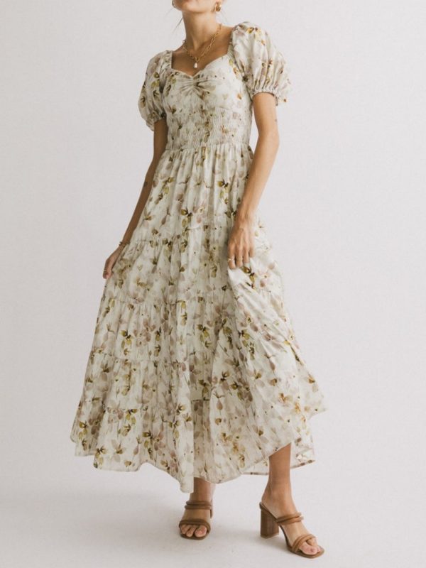 summer puff sleeve waist pleated elegant slim dress perfect for everyday vacation seaside parties