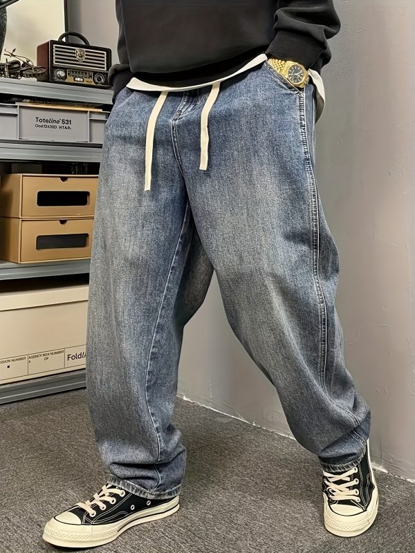 men's loose workwear jeans, american style slightly flared elasticated drawstring dad pants, one piece.