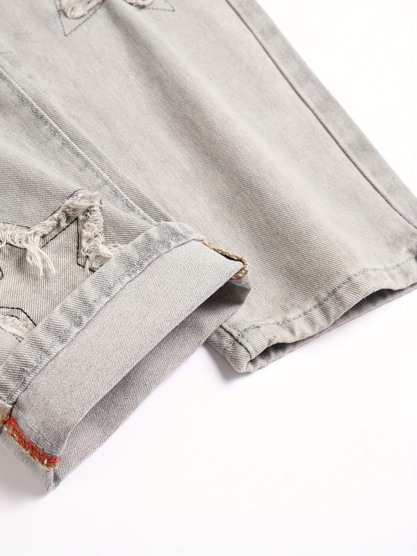 men's straight leg distressed jeans with ripped holes & star patches mid rise denim casual pants, machine washable summer streetwear for adults, casual attire pants | trendy men's jeans | ragged hem design, ripped jeans