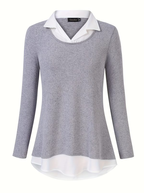 color block lapel neck blouse, casual long sleeve blouse for spring & fall, women's clothing