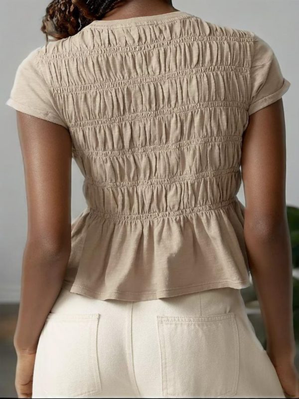 women's elegant smocked summer short sleeve top slim fit ruffle hem & cap sleeve blouse with shirred neckline, round neck casual to semi formal shirt, machine washable solid color going out blouse