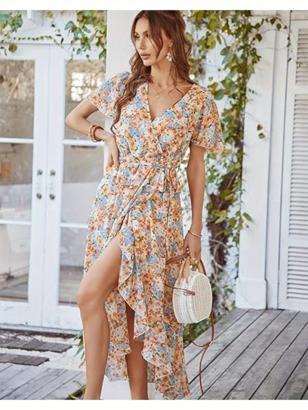 women's boho floral print midi dress v neck lace up short sleeve with ruffle hem, lightweight summer beach party dress for casual outings & garden events, beach dresses, garden event attire, fitted silhouette