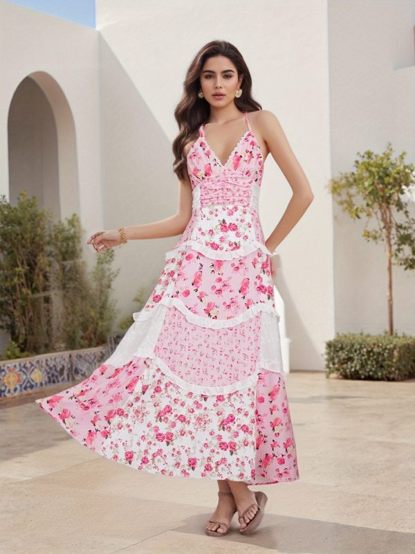 women's floral dress stylish lace patchwork ruffled trim sleeveless spaghetti strap v neck a line long dress for summer