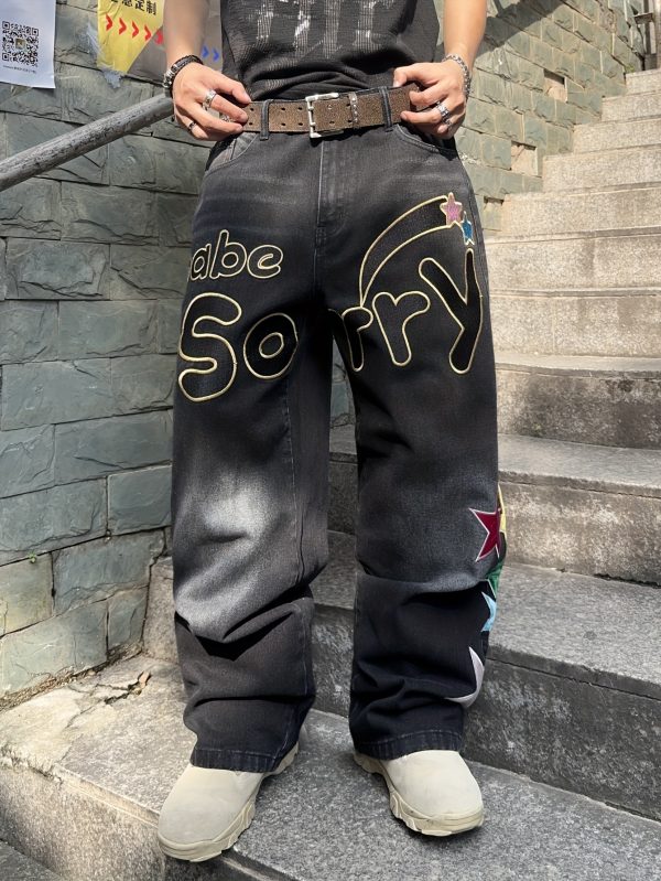 men's american style trendy loose jeans, letter embroidered design high street jeans (without beltu002fwithout hanging decoration)