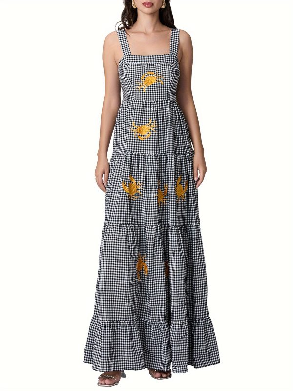 sleeveless square neck embroidered tiered midi slip dress for women
