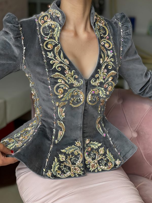 elegant floral deep v neck peplum long sleeve velvet blouse