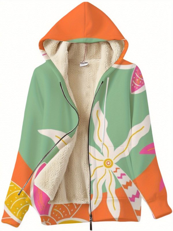 women's casual floral print hoodie cozy full zip up sweatshirt jacket with lined, vibrant orange & pink design, perfect for spring & fall, floral hoodie