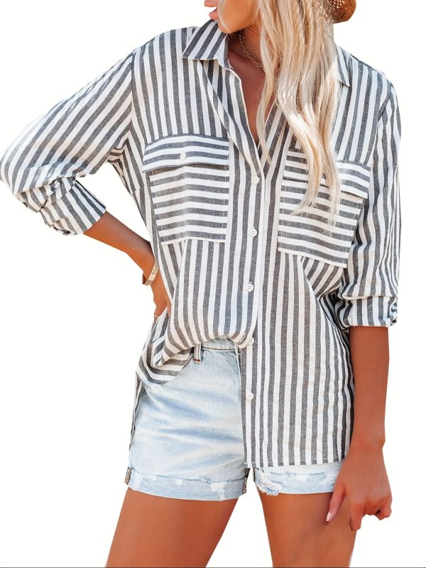 springu002fsummer new ramie wash striped single breasted long sleeve shirt woman