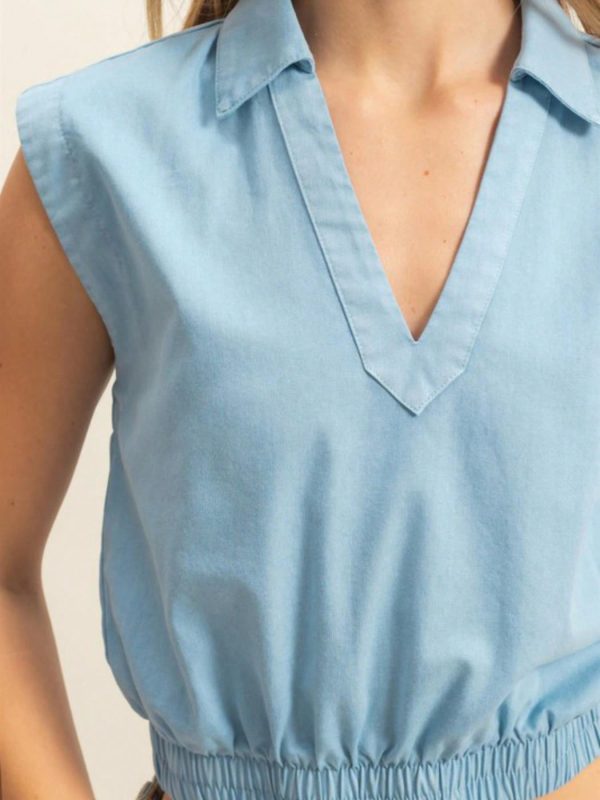 womens casual denim chic sleeveless crop top button down elastic waist light blue collared summer top classic western style shirt for daily wear beach weekend