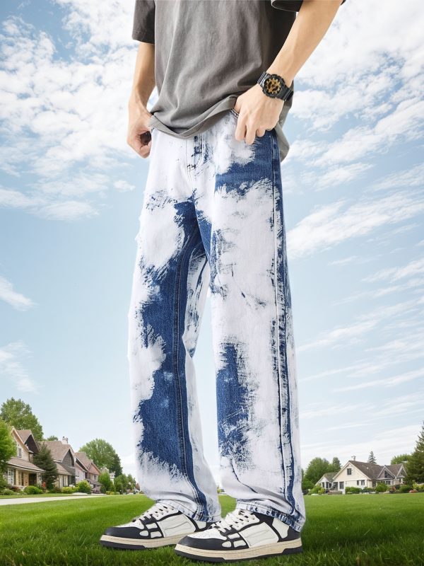 men's color blocking jeans, heavy duty craftsmanship, casual straight leg pants, fashionable and versatile, high quality and wear resistant long pants