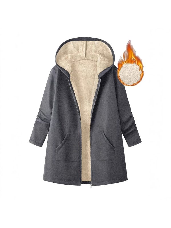 women's mid length hooded jacket cozy fleece lined casual outerwear with zipper closure, loose fit, solid color, long sleeve, perfect for fallu002fwinter, cozy fall jacket | hooded sweater | zippered jacket