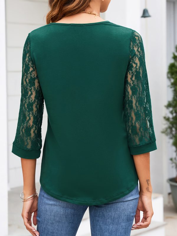 womens 3u002f4 sleeve patchwork half lace sleeve tops casual spring summer elegant solid blouses
