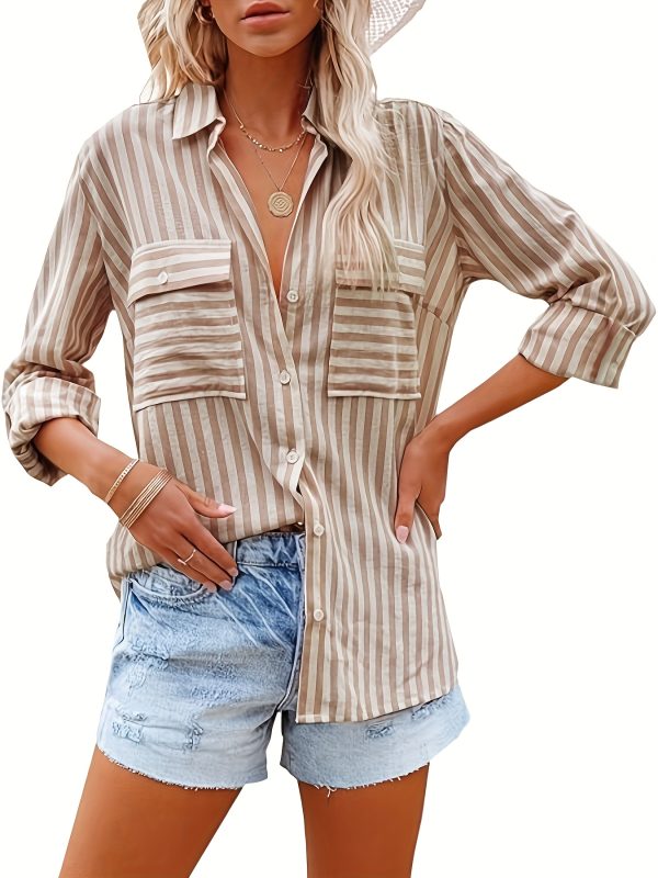 springu002fsummer new ramie wash striped single breasted long sleeve shirt woman