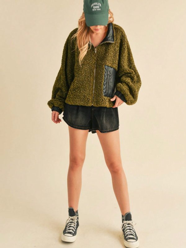 womens casual teddy bear chic leather trim zipper pocket sherpa jacket olive green long sleeve cropped length stand collar plush textured fall winter street style outerwear