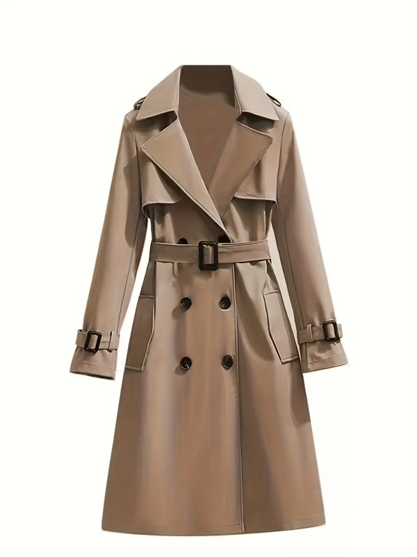 elegant white double breasted trench coat for women long sleeve, belted waist, button up design, casual style, perfect for fall & winter, casual winter wear | belted trench coat | structured design