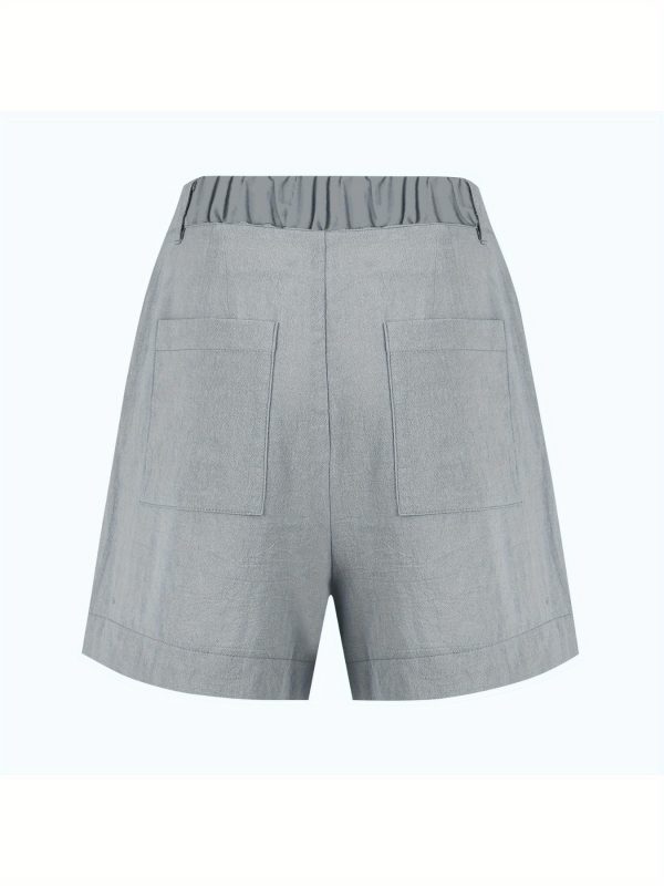 women's light gray shorts casual summer wear with button fly, elastic waist & pockets, comfortable for travel or everyday use, comfortable travel shorts | button fly shorts | texture