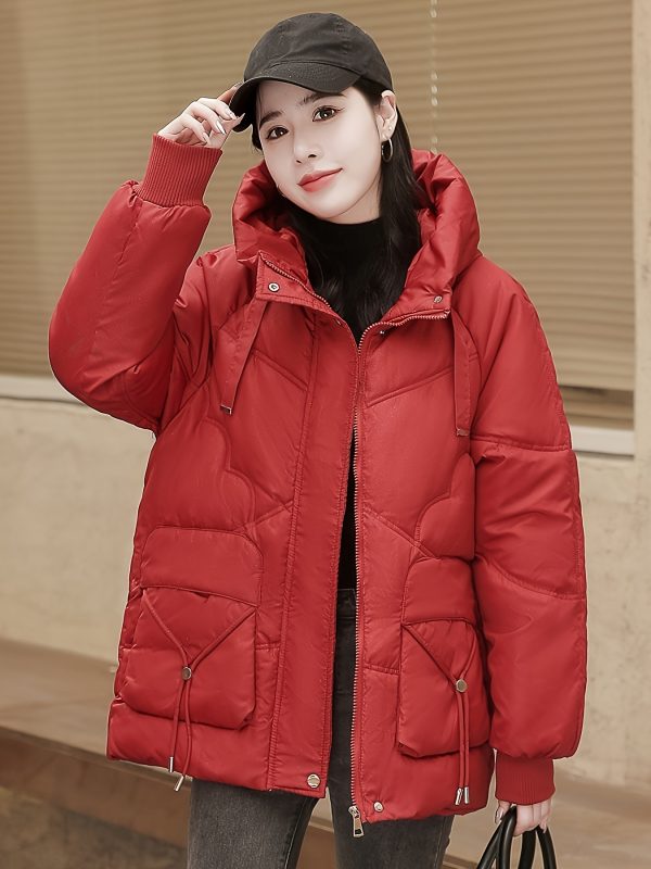 solid color zip up padded jacket coat, casual long sleeve warm hooded outerwear for winter, women's clothing