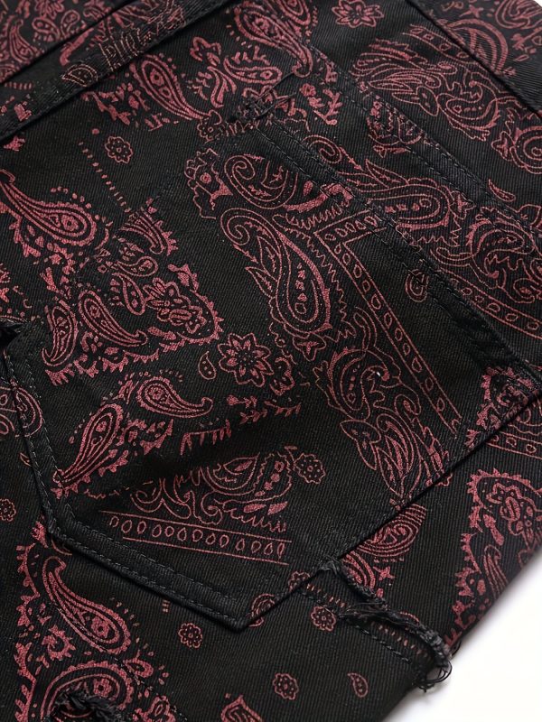 men's elastic waist straight leg loose fit jeans with red paisley print & frayed hem streetwear style, machine washable, all season comfort, casual streetwear