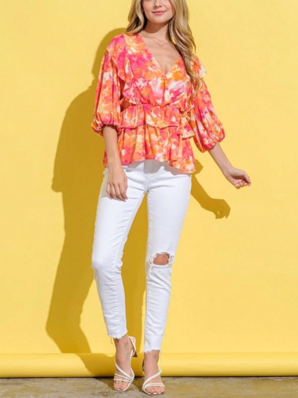 womens casual blouse romantic floral print peplum top ruffle trim wrap front design bishop sleeve v neck tiered summer top pink orange watercolor pattern elastic waist holiday beach vacation evening party wear