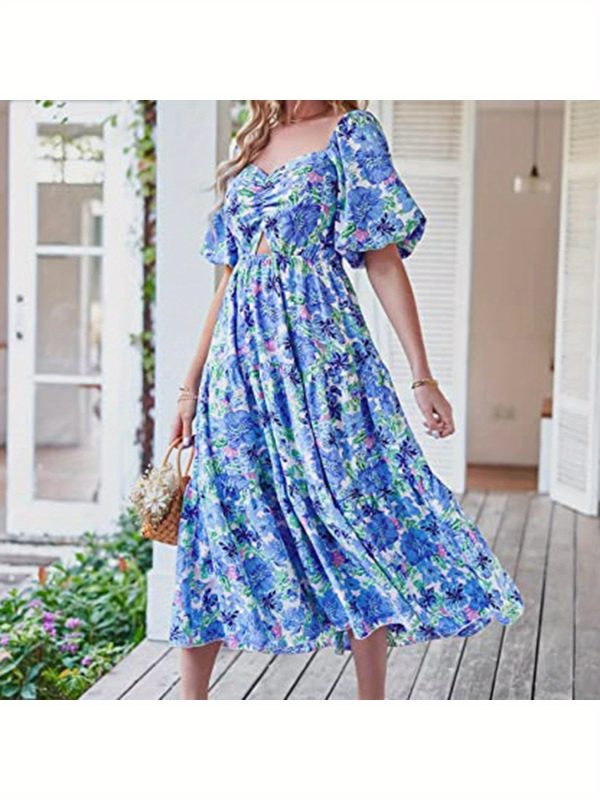 women's elegant bohemian floral like digital print a line flared mid high waistdress flared hem, for beach, party, everyday springu002fsummer outfits, party outfit, vneck design, lightweight fabric, versatile clothing, summer wardrobe