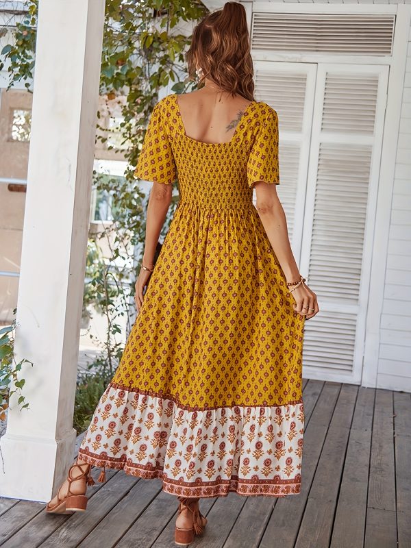 french printed square neck dress