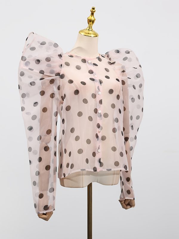 women's elegant sheer black & white polka dot blouse with bubble sleeves round neck short spaghetti strap summer top, machine washable lightweight shirt for casual & semi formal outfits