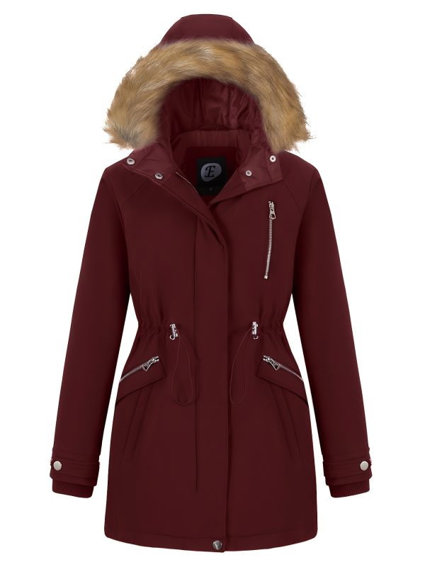 women's hooded winter parka coat with removable faux fur trim, windproof puffer jacket, hip length with multiple pockets, cozy insulated for outdoor and everyday use, multi function pockets