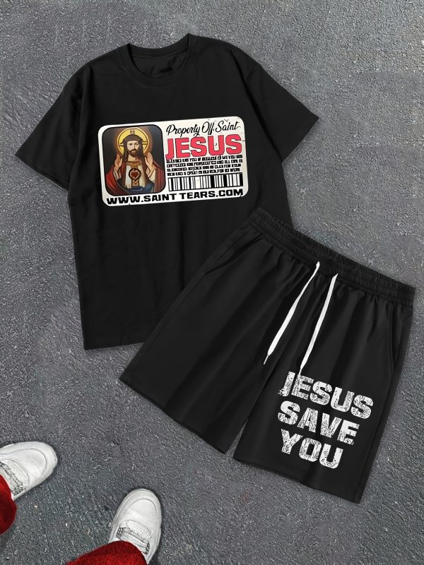 summer shorts short sleeve suit, jesus postcard printed street style two piece costume, men's t shirt and drawstring shorts suit with pocket, quick drying sports suit, comfortable and breathable, street costume y2k.