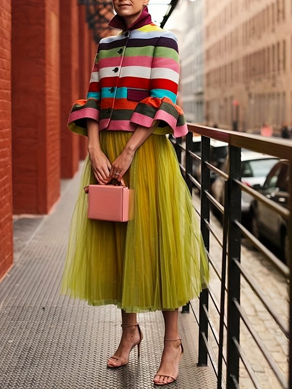 elegant rainbow stripe jacket for women chic flared sleeve, lapel collar outerwear, perfect for parties & casual wear, party evening wear|lapel collar coat|colorful jacket