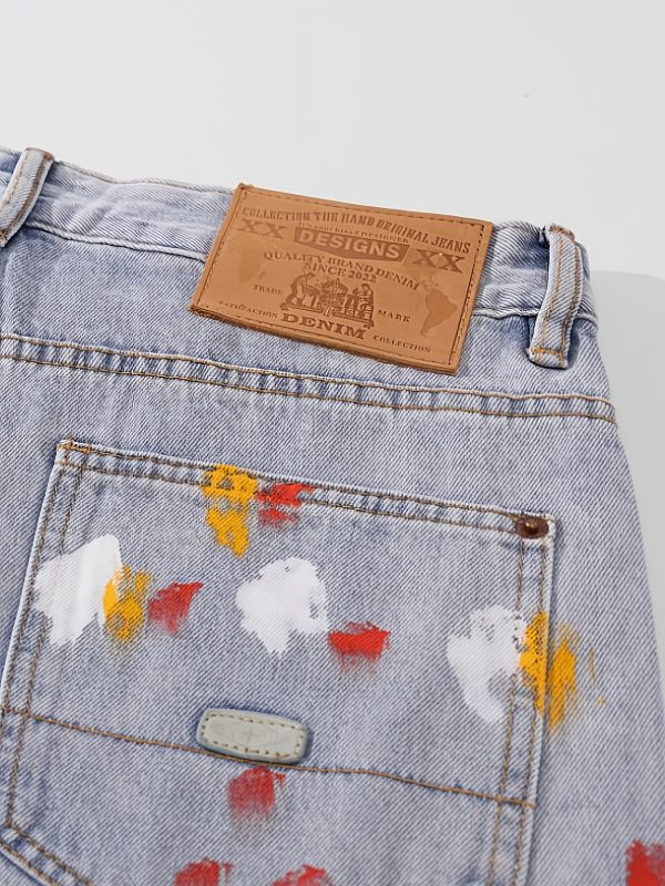 men's street style loose fit denim jeans with abstract splatter design light wash gray, mid length, comfortable & stylish for casual attire, streetwear fashion, nonstretch fabric