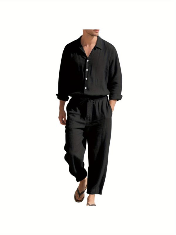 1 set (2 pack) men's button lapel long sleeve shirt and pants set breathable fabric, elastic waistband drawstring perfect for beach vacations, outdoor adventures, summer travel, daily leisure sizes s to xxxl