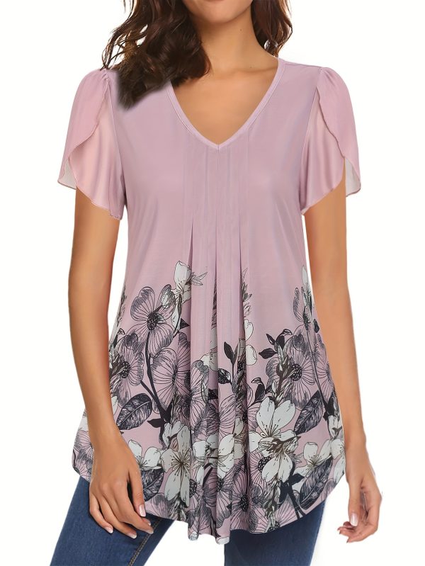 women's elegant floral print v neck blouse short sleeve, semi sheer mesh fabric, perfect for springu002fsummeru002ffall, machine washable, floral print blouse