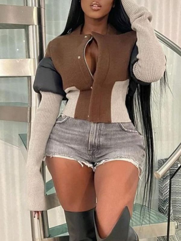 1pc womens short hooded patchwork jacket with round neck puff sleeves and zipper closure lightweight stylish coat for travel casual wear